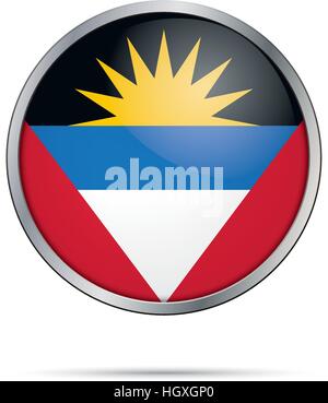 Vektor-Antigua und Barbuda-Flagge in Glas-Knopf-Stil mit Metallrahmen. Stock Vektor