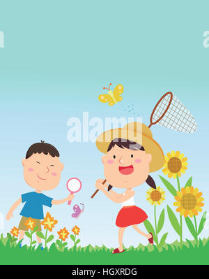 Lächelnde Kinder sammeln von Insekten in den Sommerferien Stockfoto