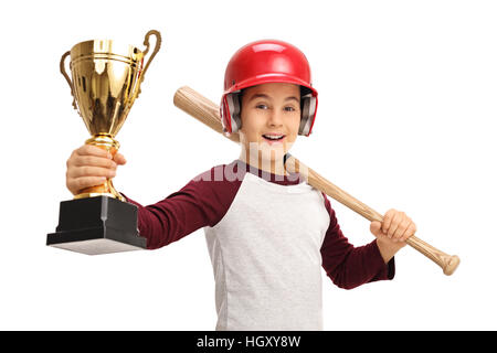 Fröhliche junge hält einen goldenen Pokal und einen Baseball bat isolierten auf weißen Hintergrund Stockfoto