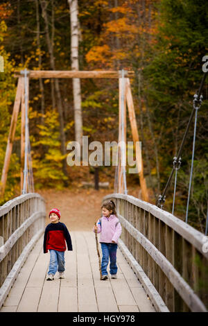 Ein junger Bruder und Schwester (4 und 6 Jahre alt) Wanderung auf einer Hängebrücke in New Hampshire White Mountain National Forest.  Lincoln Woods Trail. Stockfoto