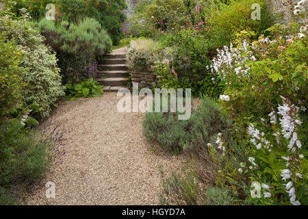 Steinstufen unter bunten Sommerblumen und Stauden innerhalb der ummauerten Garten Rousham House in Oxfordshire, England Stockfoto