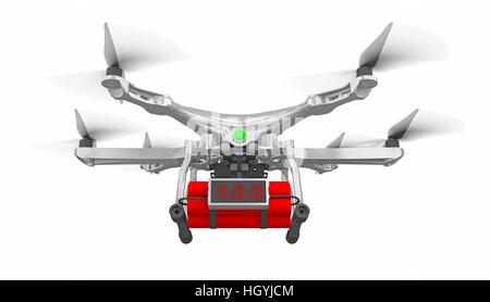 Drone mit Zeitbombe isoliert auf weiss 3D-Rendering Stockfoto