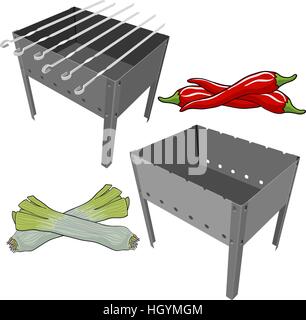 Vektor-schwarz-BBQ-Grill mit Zwiebeln und Paprika auf weißem Hintergrund. Stock Vektor