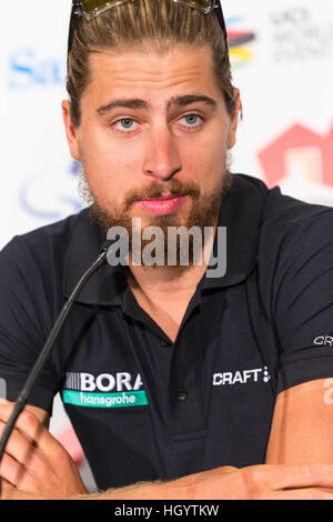 Adelaide, Australien. 14. Januar 2017. Medienkonferenz mit Peter Sagan (Bora Hansgrohe), Tour Down Under, Australien.  © Gary Francis/ZUMA Draht/Alamy Live-Nachrichten Stockfoto