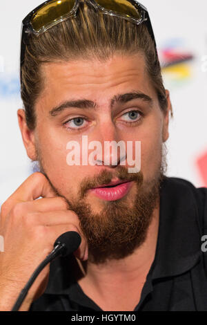 Adelaide, Australien. 14. Januar 2017. Medienkonferenz mit Peter Sagan (Bora Hansgrohe), Tour Down Under, Australien.  © Gary Francis/ZUMA Draht/Alamy Live-Nachrichten Stockfoto