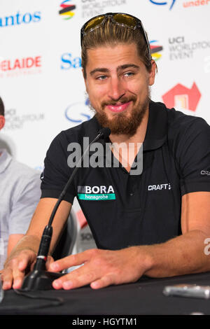 Adelaide, Australien. 14. Januar 2017. Medienkonferenz mit Peter Sagan (Bora Hansgrohe), Tour Down Under, Australien.  © Gary Francis/ZUMA Draht/Alamy Live-Nachrichten Stockfoto