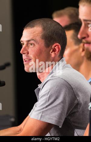 Adelaide, Australien. 14. Januar 2017. Medienkonferenz mit (L-R) Simon Gerrans (ORICA-SCOTT), Peter Sagan (Bora Hansgrohe), Tour Down Under, Australien.  © Gary Francis/ZUMA Draht/Alamy Live-Nachrichten Stockfoto