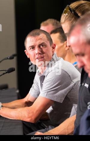 Adelaide, Australien. 14. Januar 2017. Medienkonferenz mit (L-R) Simon Gerrans (ORICA-SCOTT), Tour Down Under, Australien.  © Gary Francis/ZUMA Draht/Alamy Live-Nachrichten Stockfoto