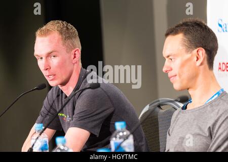 Adelaide, Australien. 7. Januar 2017. Medienkonferenz mit (R-L) Richie Porte (BMC Racing Team), Tom-Jelte Slagter (Cannondale - Drapac Pro Cycling Team), Tour Down Under, Australien.  © Gary Francis/ZUMA Draht/Alamy Live-Nachrichten Stockfoto