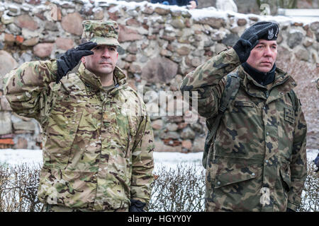 Zagan, Polen. 14. Januar 2017. Die offizielle Begrüßung der US-Truppen aus ABCT - gepanzerte Brigade Combat Team in Polen mit Beata Szydlo - polnischen Ministerpräsidenten, Minister der Verteidigung Antoni Maciarewicz und US-Botschafter in Polen Paul W. Jones Credit: Krzysztof Kaniewski/Alamy Live News Stockfoto