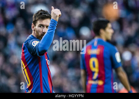 Barcelona, Katalonien, Spanien. 14. Januar 2017. FC Barcelona nach vorne MESSI feiert sein Tor während der LaLiga Spiel zwischen FC Barcelona und UD Las Palmas im Camp Nou Stadion in Barcelona Credit: Matthias Oesterle/ZUMA Draht/Alamy Live News Stockfoto