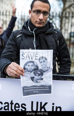 London, UK. 14. Januar 2017. Bahrainische Menschenrechts-Aktivisten protestieren gegenüberliegenden Downing Street gegen UK Waffenverkäufe an Saudi Arabien und Todesurteile bestätigte drei Männern, die glaubten, zu falschen Geständnissen in London, UK gefoltert worden. Bildnachweis: Mark Kerrison/Alamy Live-Nachrichten Stockfoto