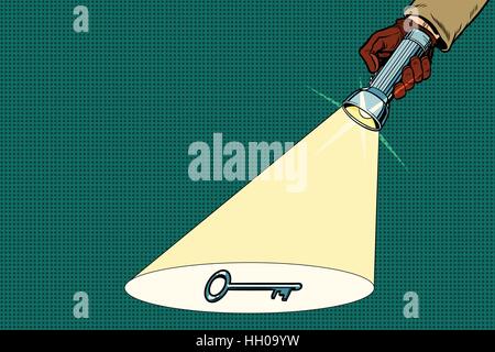 Detektiv Taschenlampe Strahl scheint auf Schlüssel Stock Vektor
