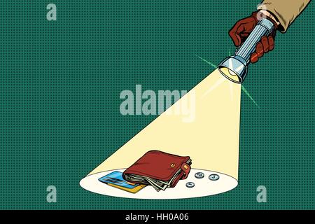 Detektiv Taschenlampe Strahl scheint auf Brieftasche Stock Vektor