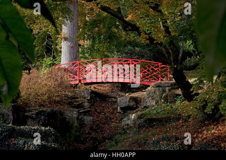 Roten chinesischen Stil Gitter Brücke über Bach zündeten Arboretum Cotswolds UK Stockfoto