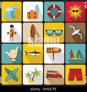 Surfen Icons set, flach Stil Stock Vektor
