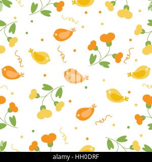 Niedliche nahtlose Muster mit bunten Cartoon Vögel und Blumen auf weißem Hintergrund. Design für Postkarte oder Print. Stock Vektor