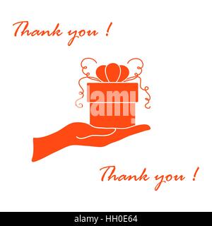 Niedliche Bild mit Hand, ein Geschenk und eine Inschrift: Ich danke Ihnen auf einem weißen Hintergrund. Stock Vektor