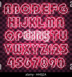 Leuchtende rosa Neon-Alphabet mit Zahlen von 0 bis 9 und Buchstaben von A bis Z. Leuchtende Neon-Effekt. Jeder Buchstabe ist separate Einheit mit Drähten, Rohren und h Stock Vektor