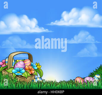 Ostern-Hintergrund ein Korb Wäschekorb und Eier in einem Frühling Feld Gras und Blumen Stockfoto