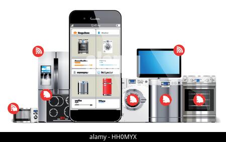 Intelligente Haussteuerung System - Küche und Haus Geräten: Mikrowelle, Wasch-Maschine, Kühlschrank, Gasherd, Geschirrspüler, tv verwaltet per Handy Stock Vektor