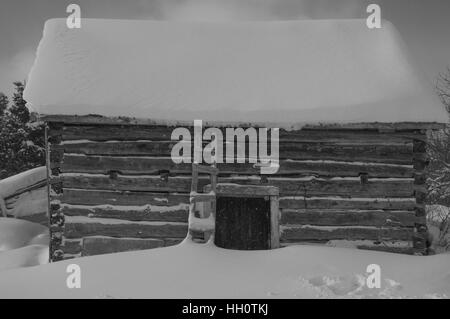 Kleine Schneeflocken speckle dieses schwarz / weiß Winter-Bild oder ein Verbot der ländlichen Blockhaus auf einem Bauernhof. Schnee auf dem Dach und auf dem Boden Stockfoto