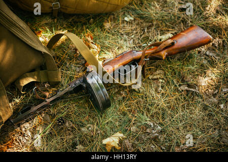 Sowjetische russische militärische Munition - Maschinenpistole des zweiten Weltkriegs am Boden. Fokus ist auf Marienkäfer sitzen auf dem Käfig der Maschinenpistole hingewiesen. Stockfoto
