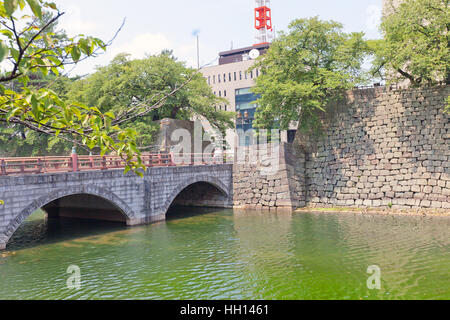 Gohonjobashi Brücke, Graben und Stein Wände Fukui Burg in Fukui, Japan Stockfoto