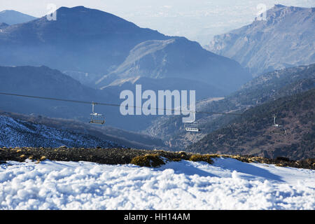 Granada, Spanien. 13. Januar 2017. Die Skilifte der Sierra Nevada bleiben leer, da die Pisten in der Hitze schmelzen. Stockfoto