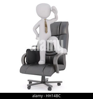 3D Business Toon Figur mit dem Aktenkoffer Stand auf Stuhl Blick in Ferne, weißer Hintergrund Stockfoto