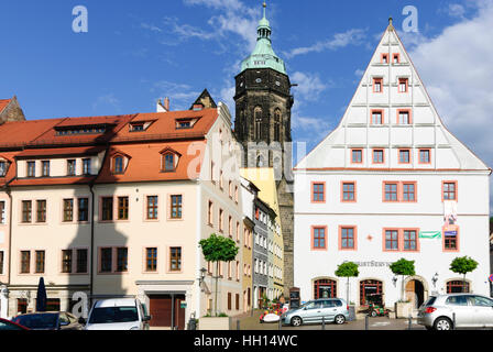 Pirna: Marktplatz mit St. Marien Kirche und Canalettohaus (von links nach rechts), Sachsen, Sachsen, Deutschland Stockfoto