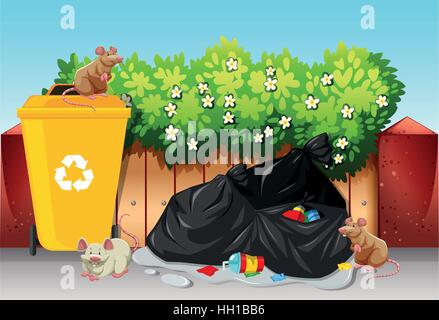 Szene mit Müll Taschen und Ratten illustration Stock Vektor