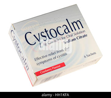 Schachtel mit Cranberry Geschmack Cystocalm Beutel für die Behandlung von Blasenentzündungen isoliert auf weißem Hintergrund Stockfoto