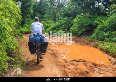 Radfahrer mit Fahrrad schwer Dschungel Weg in Richtung Mananara entlang der Vanille in Madagaskar zu kämpfen Stockfoto