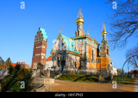 Russische Kapelle und Hochzeitsturm auf der Mathildenhöhe. Darmstadt. Hessen. Deutschland Stockfoto