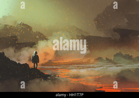Astronaut im verlassenen Planeten mit vulkanischen Landschaft, Illustration, Malerei Stockfoto