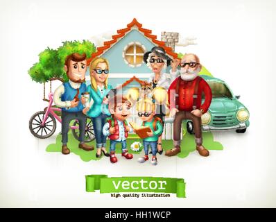 Familie. Vater, Mutter, Großmutter, Großvater, Sohn, Tochter. Haus. 3D Vektor Stock Vektor