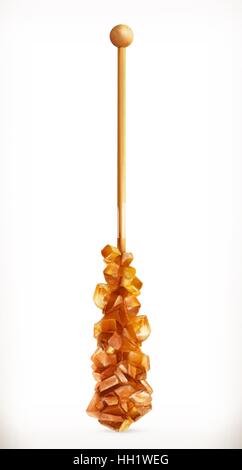 Zuckerkristalle am Holzstab. 3D Vektor Icon. Realistische Darstellung Stock Vektor