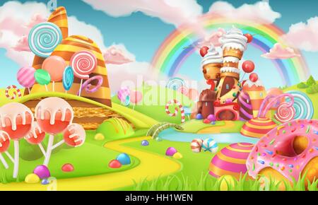 Süßes Bonbon-Land. Cartoon Spiel Hintergrund. 3D Vektor-illustration Stock Vektor