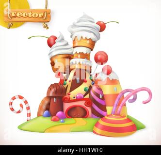 Süße Burg. Lebkuchen-Haus. Kuchen, Kuchen, Süßigkeiten. 3D Vektor icon Stock Vektor