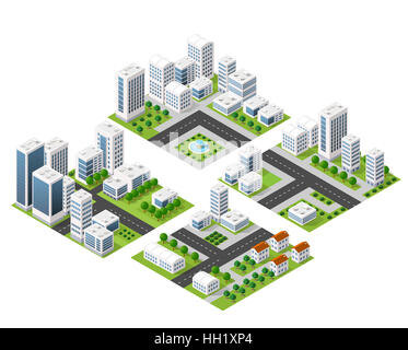 3D Kit Metropole Wolkenkratzer, Häuser, Gärten und Straßen in einer dreidimensionalen isometrische Ansicht Stockfoto