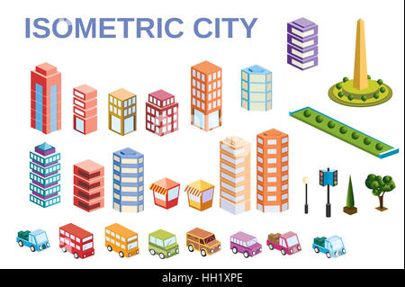 3D Kit Metropole Wolkenkratzer, Häuser, Gärten und Straßen in einer dreidimensionalen isometrische Ansicht Stockfoto