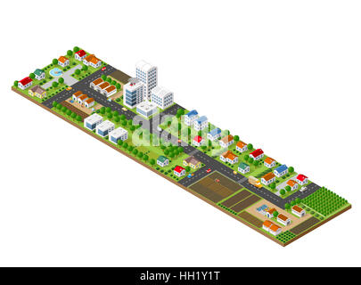 3D isometrische Stadtlandschaft von Wolkenkratzern, Häuser, Gärten und Straßen in einer dreidimensionalen Ansicht von oben Stockfoto