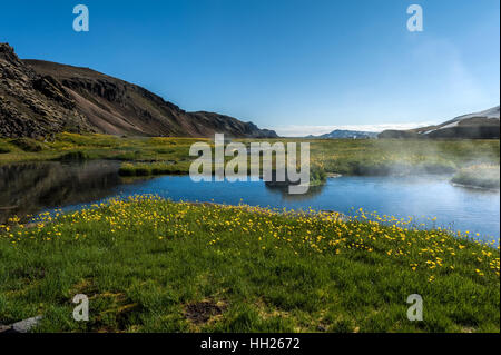 Landmannalaugar. Es ist bekannt für seine natürlichen geothermischen heißen Quellen und die umliegende Landschaft. Stockfoto