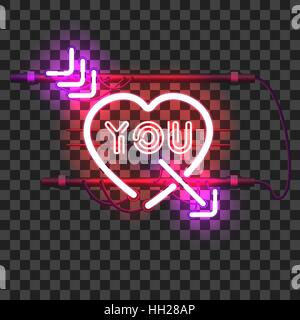 Leuchtend rote Neon Herz durchbohrt mit lila Pfeil und Briefe, die SIE mit Halter, Halterungen und Kabel auf transparenten Hintergrund isoliert. Leuchtende Neon-eff Stock Vektor
