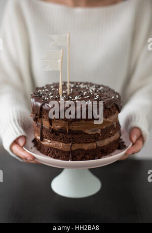 Schokoladenkuchen mit Haselnuss-Glasur Stockfoto