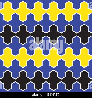 Symmetrischen Welle Fliesenmuster mit Sechskant-Winkel - nahtlose bearbeitbaren wiederholenden Vektor Hintergrundbild (blau-schwarz-gelb) Stock Vektor