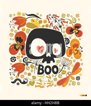 Lustige Karikatur menschlicher Schädel Silhouette mit Herz Augen und Wort "Boo" umgeben von bunten Blumen und Insekten. Tag der Toten Urlaub Poster. Vektor-Illustration für Postkarte, Grußkarte, drucken Stock Vektor