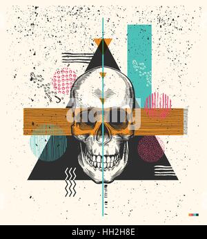 Menschlicher Schädel in Holzschnitt-retro-Stil und Dreiecke, Rechtecke und Kreise in verschiedenen Farben und Texturen auf Hintergrund gezeichnet. Moderne Vektor-Illustration im Stil der 1990er Jahre für Flyer, print, Postkarte Stock Vektor
