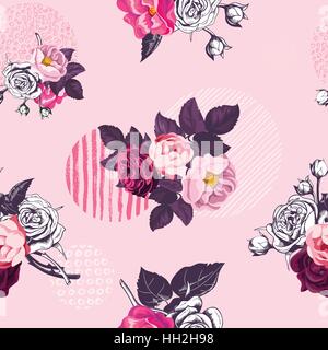 Vintage floral nahtlose Muster mit monochromen und farbigen Wildrosen und Kreise mit Grunge Texturen auf rosa Hintergrund. Vektor-Illustration im retro-Stil für Hochzeitseinladung, Geschenkpapier Stock Vektor
